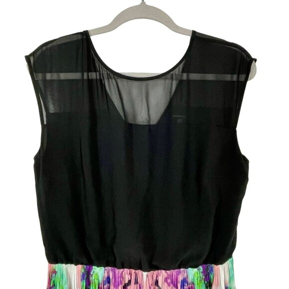 Warehouse Pleated Sleeveless Midi Dress Abstract Black Multi Size 10 Lined Sheer - Picture 5 of 10